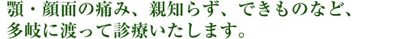 顎・顔面の痛み、親知らず、できものなど、多岐に渡って診療いたします
